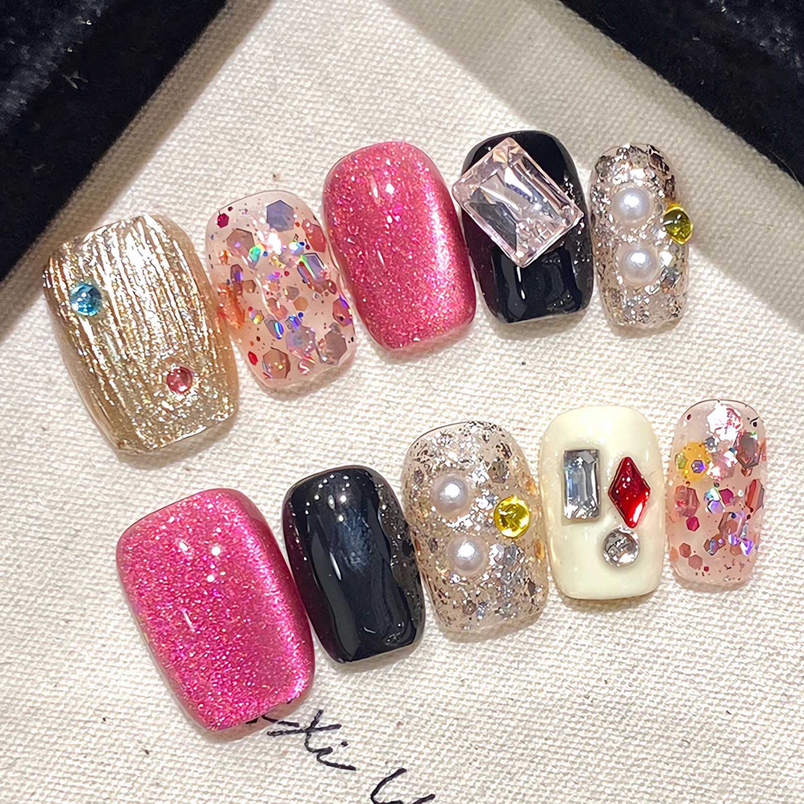 Nail Art Cat Eye - Handgemaakte Pers Op Nagels Glitter Roze