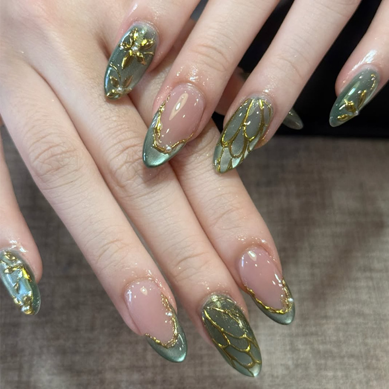 Nail Art Cat Eye - 24 stuks groene kattenoog nepnagels 3D